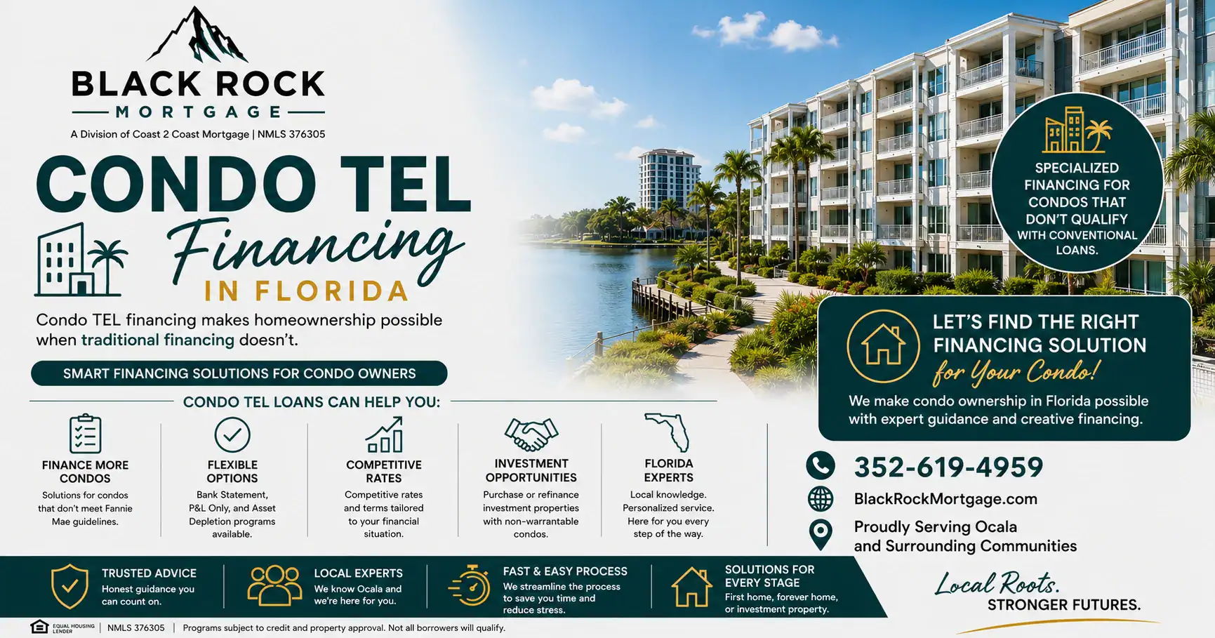 Waterfront Florida condominium buildings beside a lake with palm trees and a wooden boardwalk