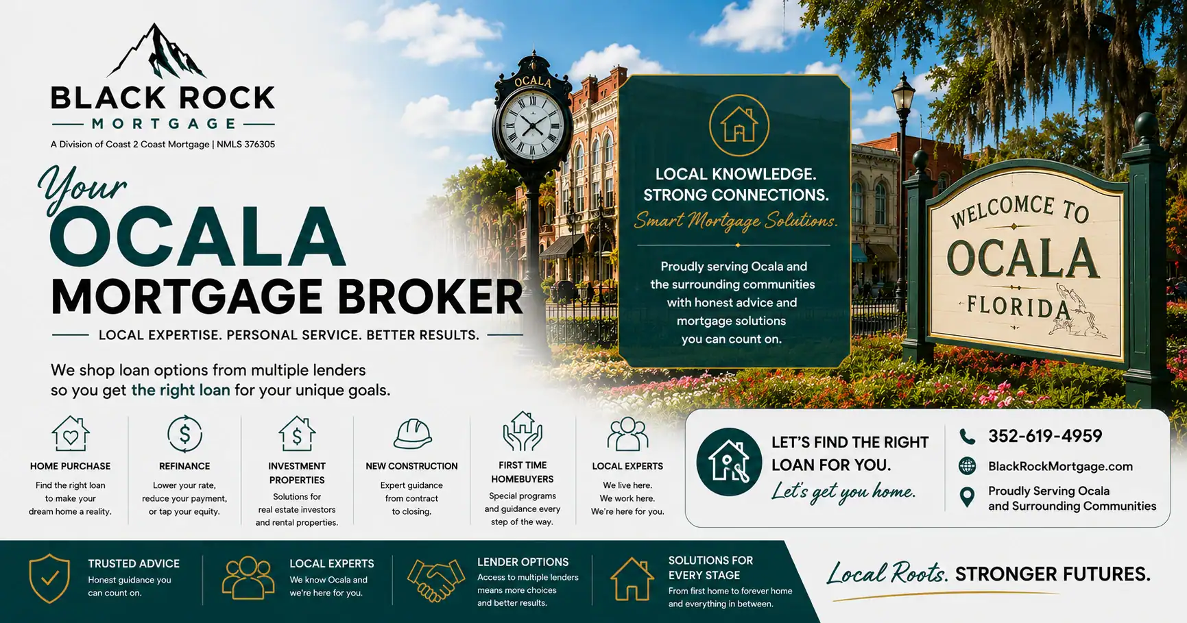 Black Rock Mortgage Ocala mortgage broker graphic - local expertise, 200+ wholesale lenders, downtown Ocala landmarks