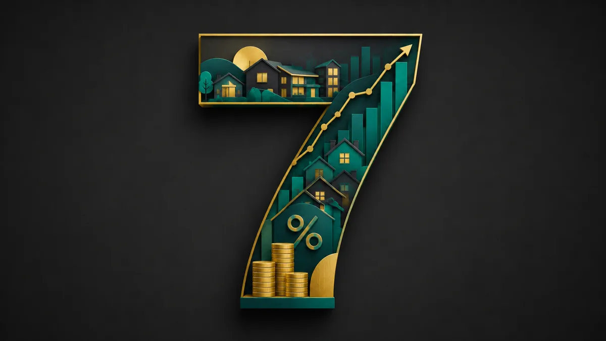 The 2026 housing market in 7 numbers - numeral 7 built from houses, charts, and coins