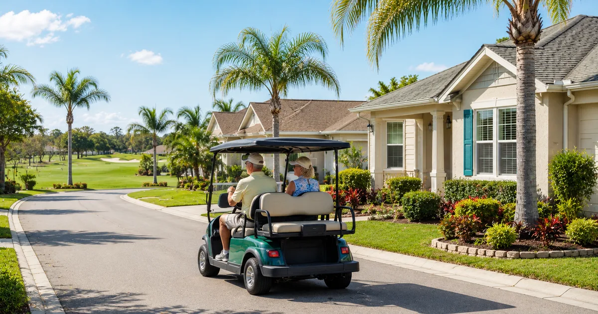 Retired couple riding a golf cart past palm-lined homes in a Central Florida retirement community