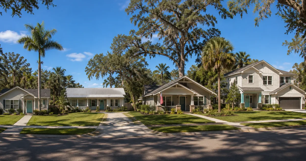Four different styles of Florida homes side by side representing FHA, USDA, VA and conventional loan options