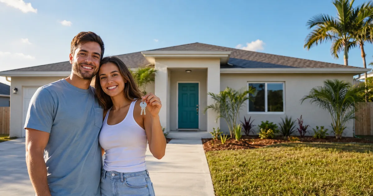First-time home buyers holding keys in front of their new Florida home