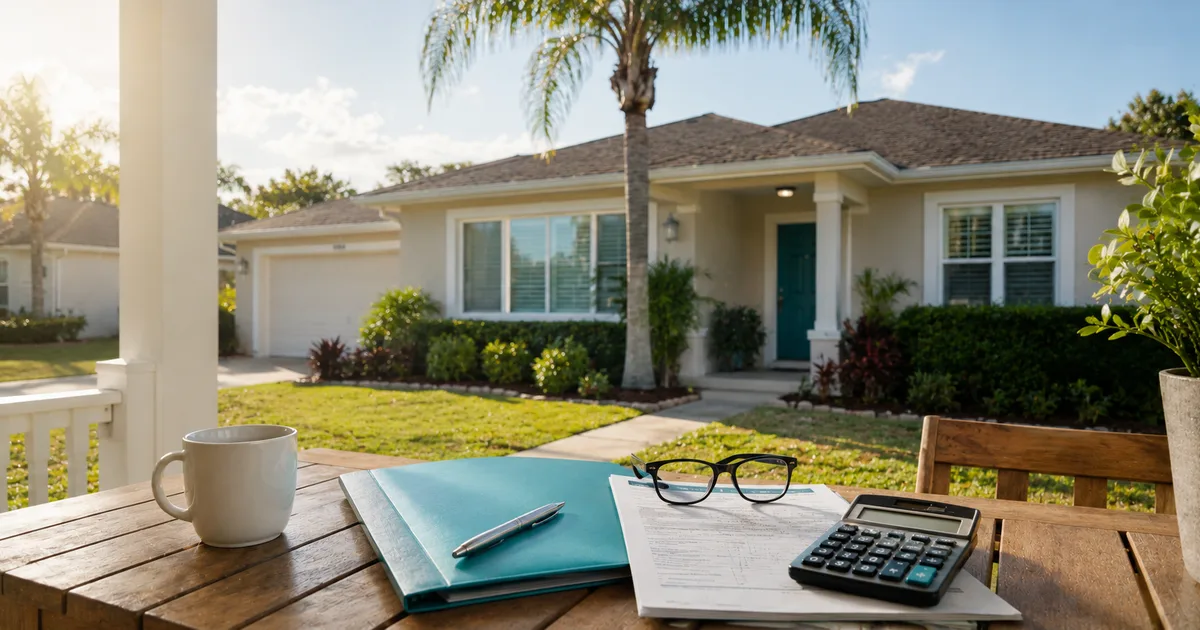 Florida homestead house with property tax exemption documents and a calculator