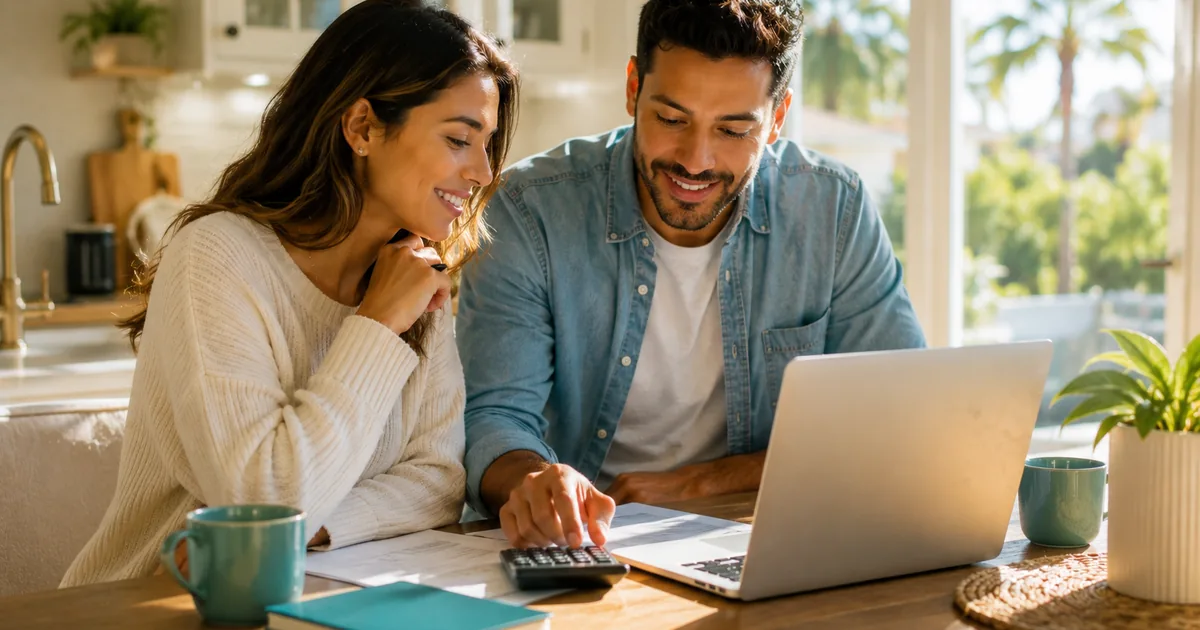 Couple calculating how much house they can afford at a kitchen table in Florida