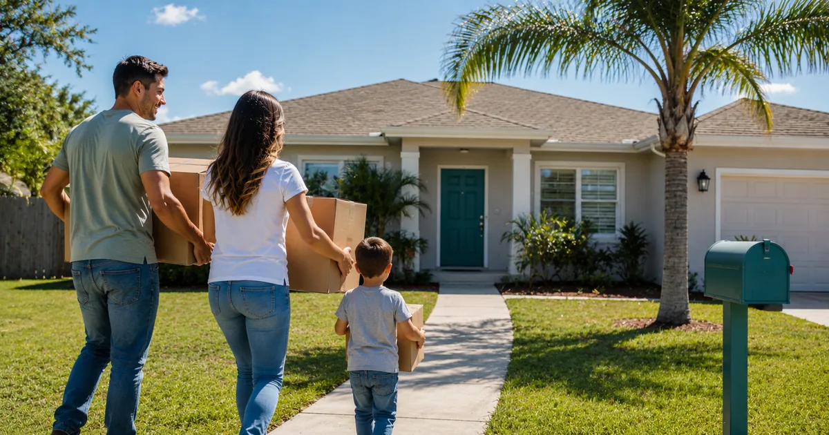 Young family carrying moving boxes into a Florida home they are renting to own
