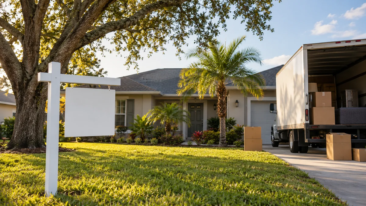 Buying a house before selling yours - Florida home with a rental sign and a moving truck in the driveway, illustrating Fannie Mae's departing residence rule change