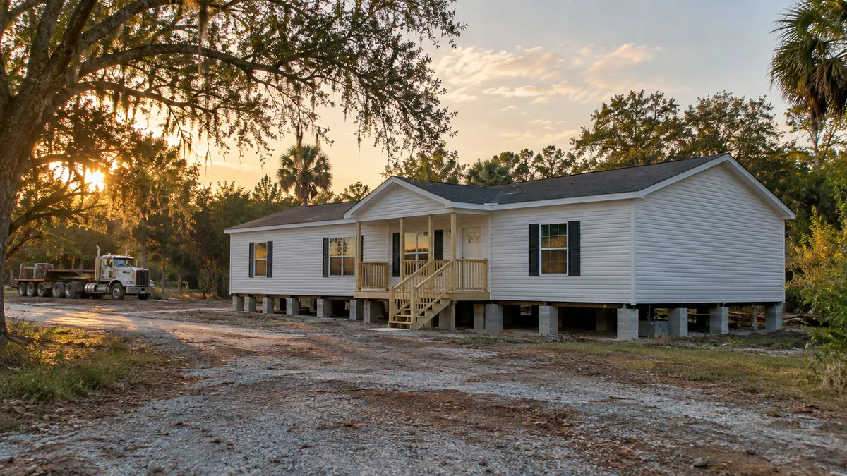 Freddie Mac now allows conventional financing on manufactured homes moved from another site - doublewide manufactured home freshly set on block piers on a rural Central Florida lot