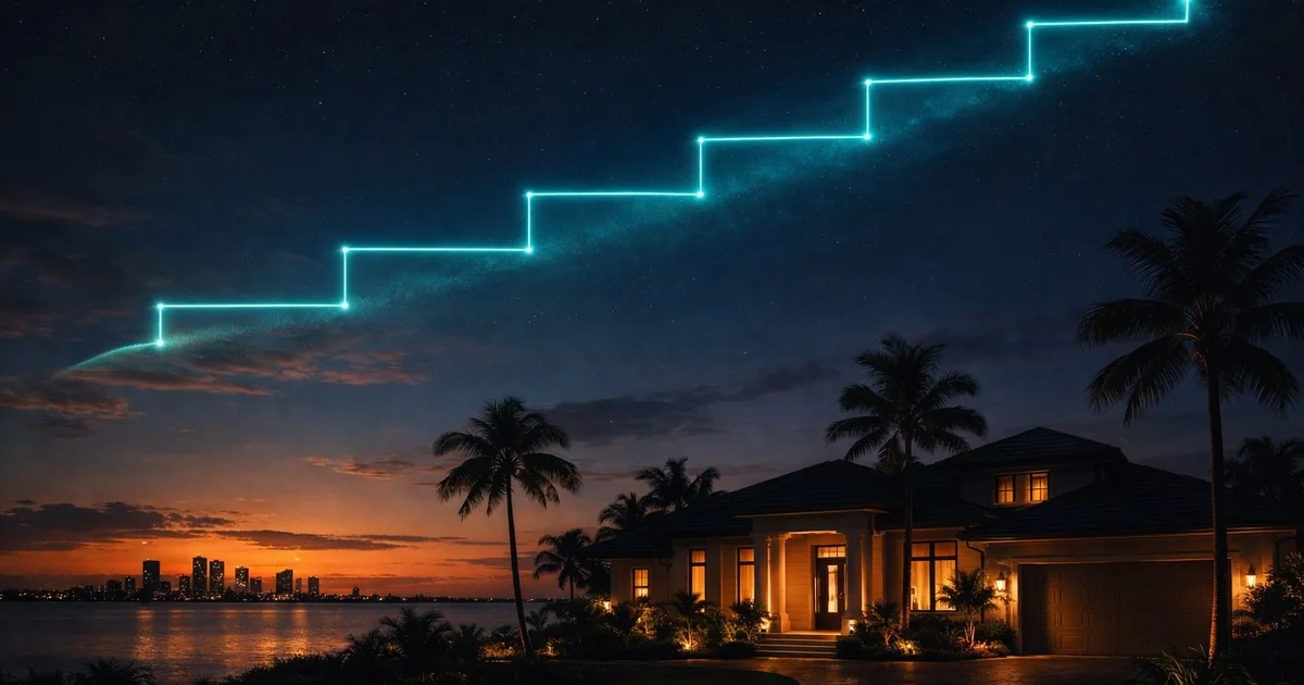 Black Rock Mortgage escrow account concept graphic showing a teal stair-step line of light climbing above a lit Florida waterfront home at dusk