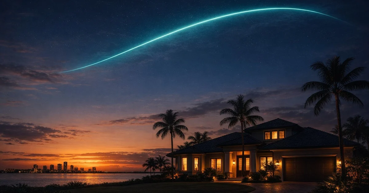 Black Rock Mortgage FHA flip rule concept graphic showing a glowing teal arc over a lit Florida home at dusk